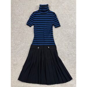 MODA INTERNATIONAL Striped Turtleneck Sweater Dress Black Blue Pleated Skirt XS